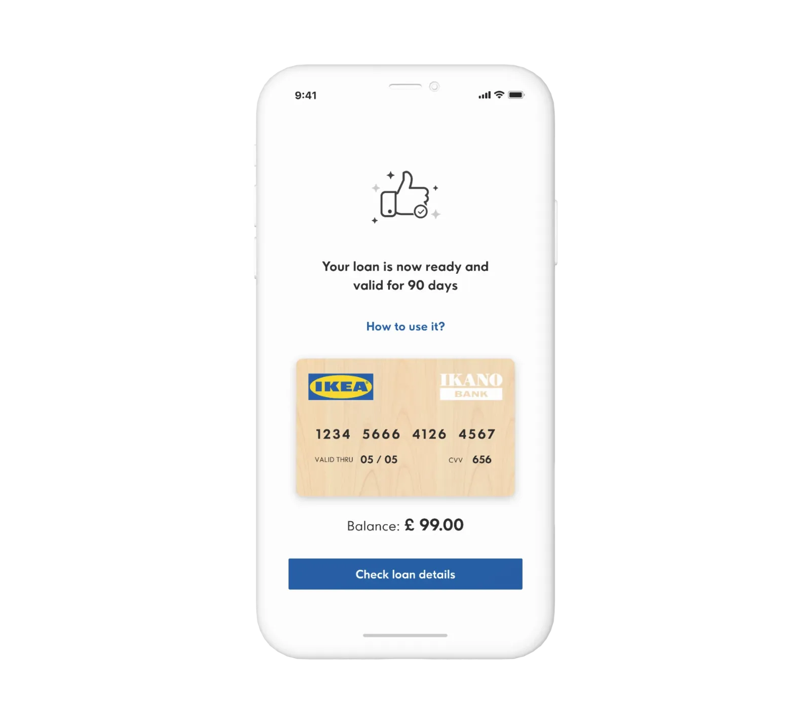 Ikano Bank loan ready screen with an IKEA card