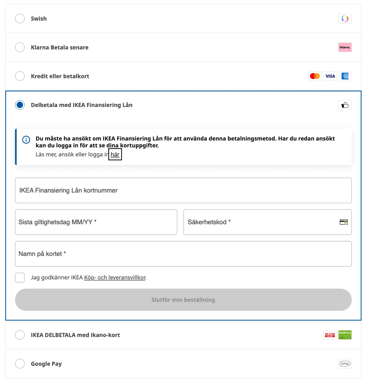 IKEA checkout with payment options, Delbetala med IKEA Finansiering Lån selected and its card form