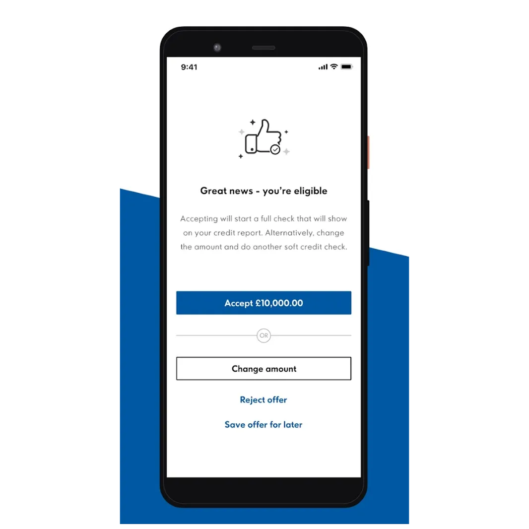Ikano Bank loan eligibility screen on a phone, with options to accept or change the amount