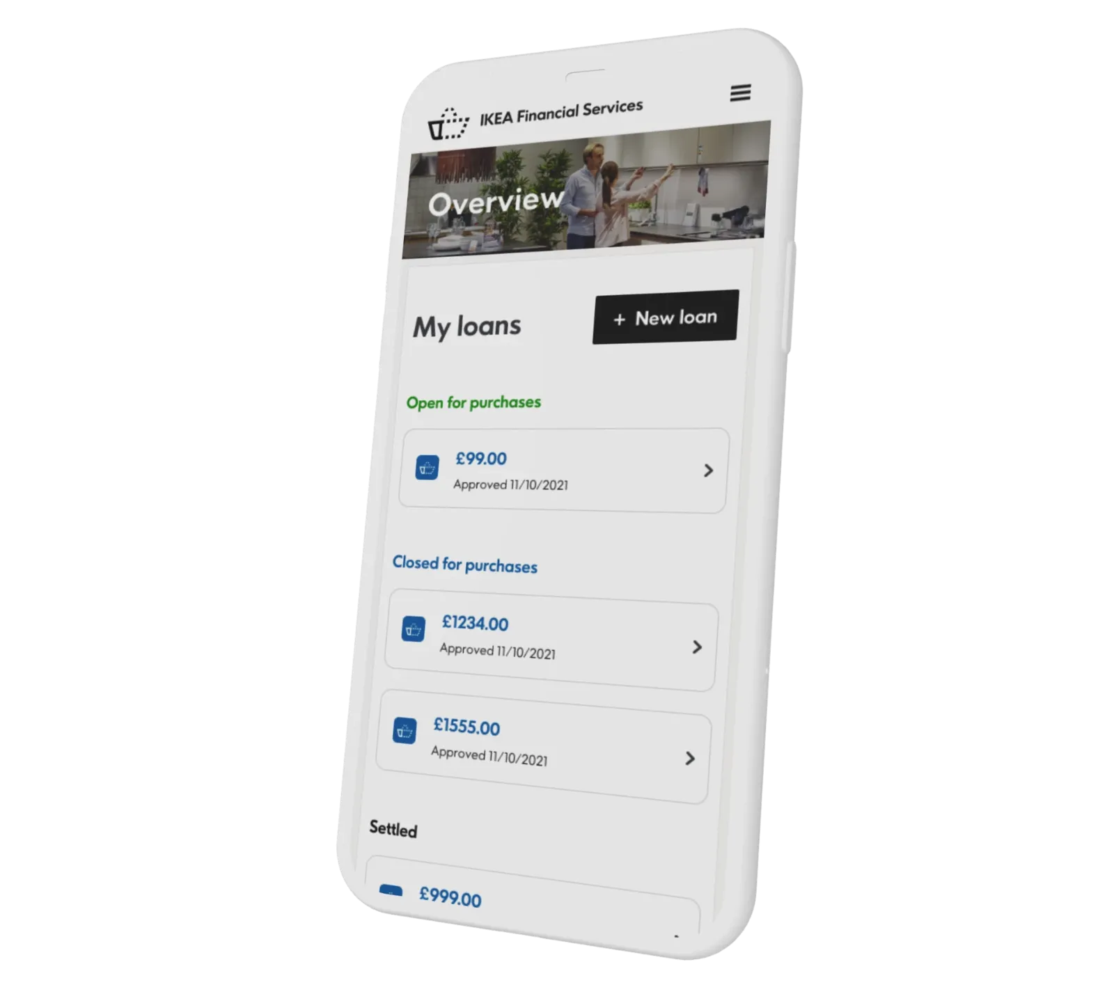 IKEA Financial Services app showing the My loans overview