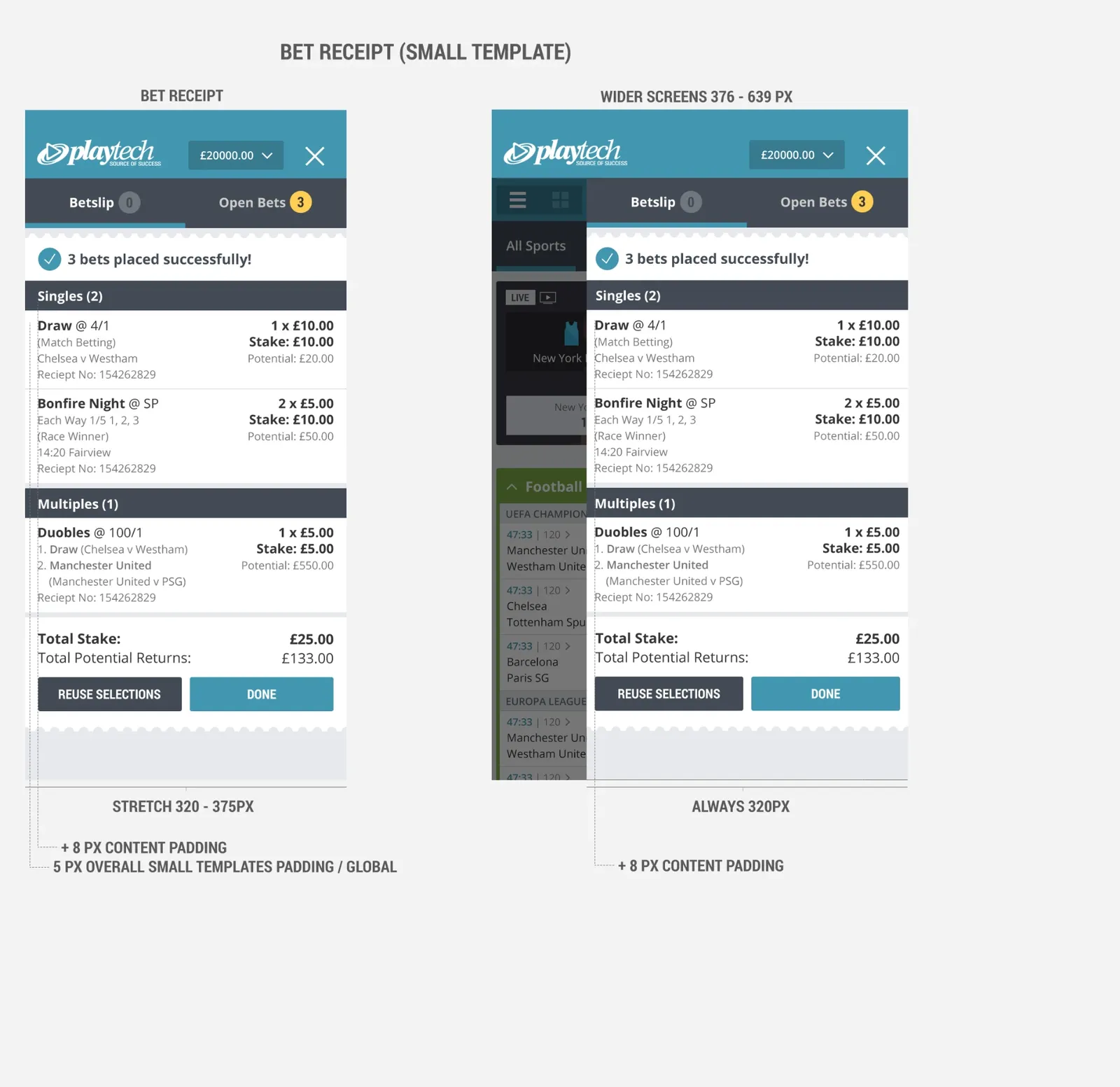 Bet receipt design adapted for small and wide screens