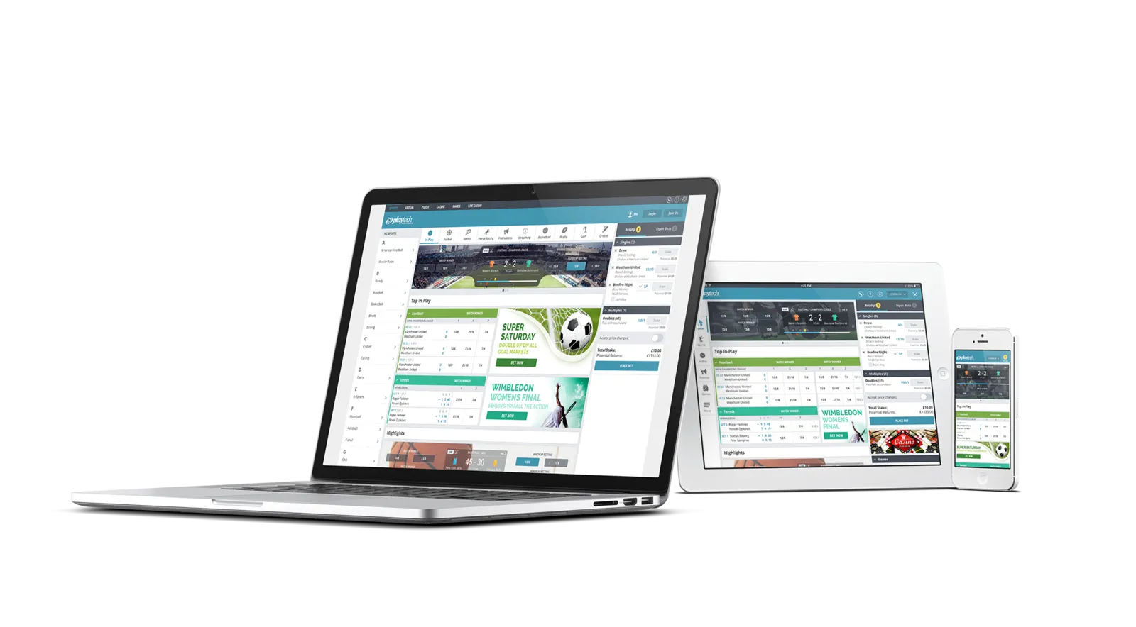 Playtech sports betting platform shown on laptop, tablet and phone