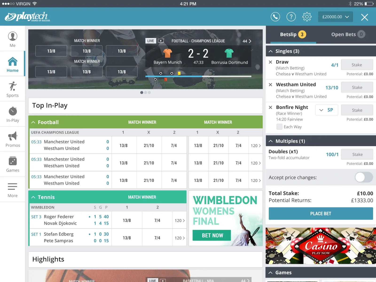 Playtech tablet home screen with live odds and betslip